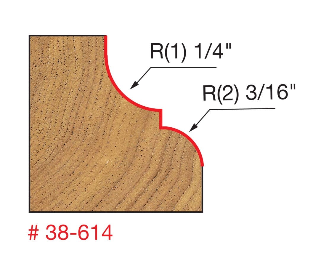 A technical diagram for the Freud 38-614 bit, illustrating a cross-section of a wood block with a red line indicating a complex decorative profile consisting of a 1/4 inch radius cove (R1) paired with a 3/16 inch radius round-over edge (R2).