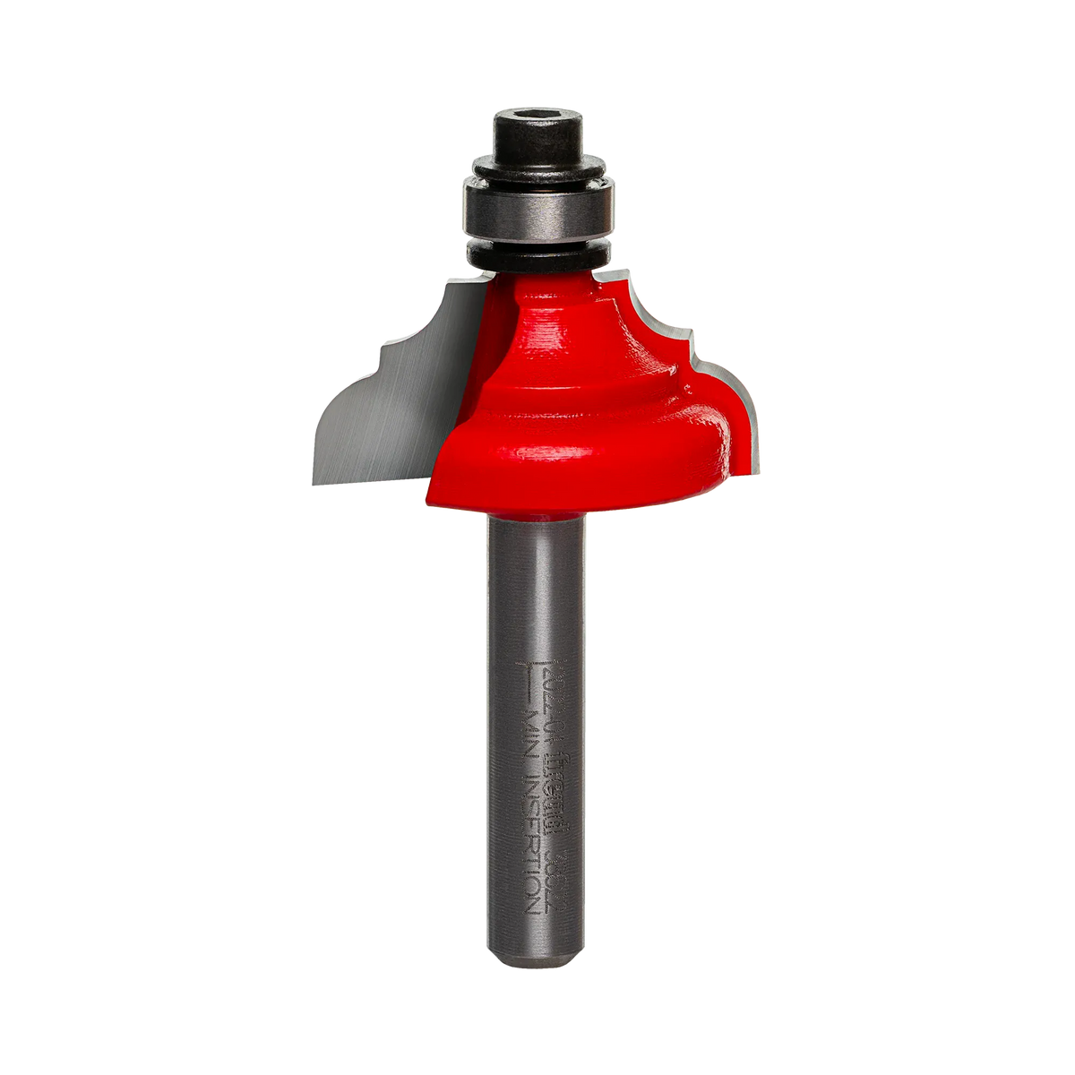 A professional studio photograph of the Freud 38-622 cove and bead router bit, featuring its signature red Perma-SHIELD coating on the cutting head, sharp silver Quadra-Cut carbide edges, a top-mounted ball bearing pilot, and a polished 1/4 inch steel shank.