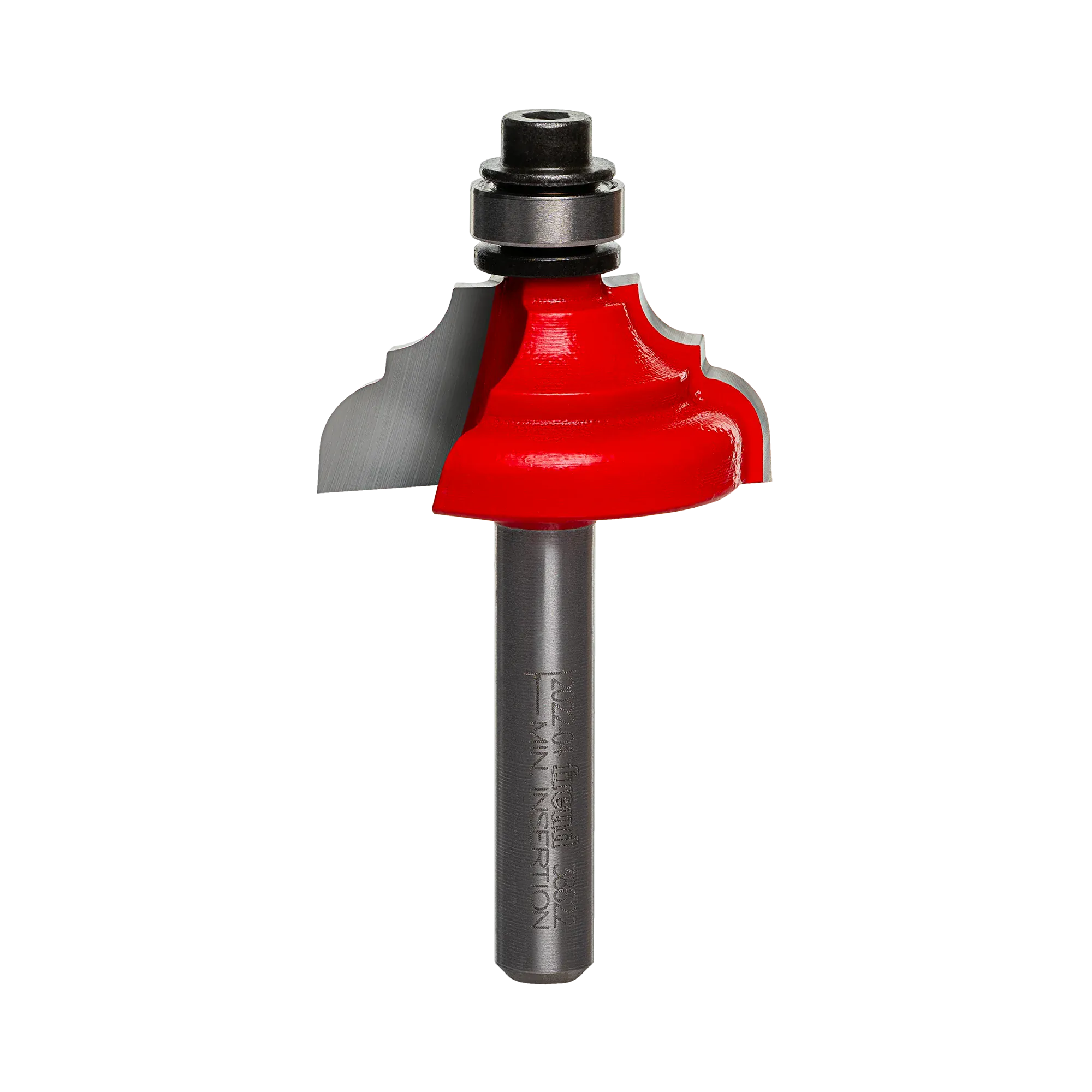 A professional studio photograph of the Freud 38-622 cove and bead router bit, featuring its signature red Perma-SHIELD coating on the cutting head, sharp silver Quadra-Cut carbide edges, a top-mounted ball bearing pilot, and a polished 1/4 inch steel shank.