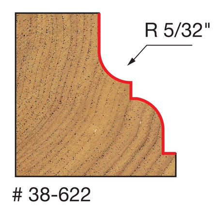 A technical diagram for the Freud 38-622 bit illustrating a cross-section of a wood block with a red line indicating a decorative profile consisting of a 5/32 inch radius cove paired with a crisp bead detail.