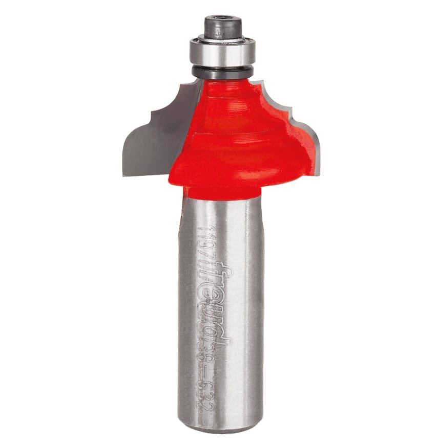 Studio shot of the Freud 38-632 Cove and Bead router bit featuring a red Perma-SHIELD body, two carbide cutters, 1/2 inch silver shank, and top ball bearing guide.