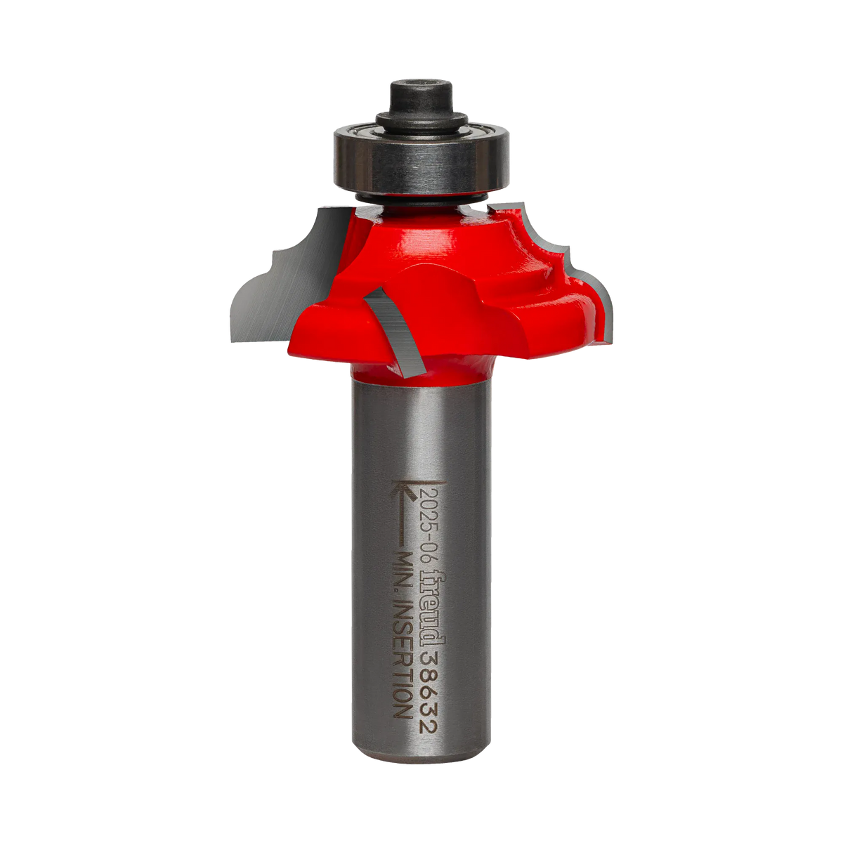 Studio shot of the Freud 38-632 Cove and Bead router bit featuring a red Perma-SHIELD body, two carbide cutters, 1/2 inch silver shank, and top ball bearing guide.