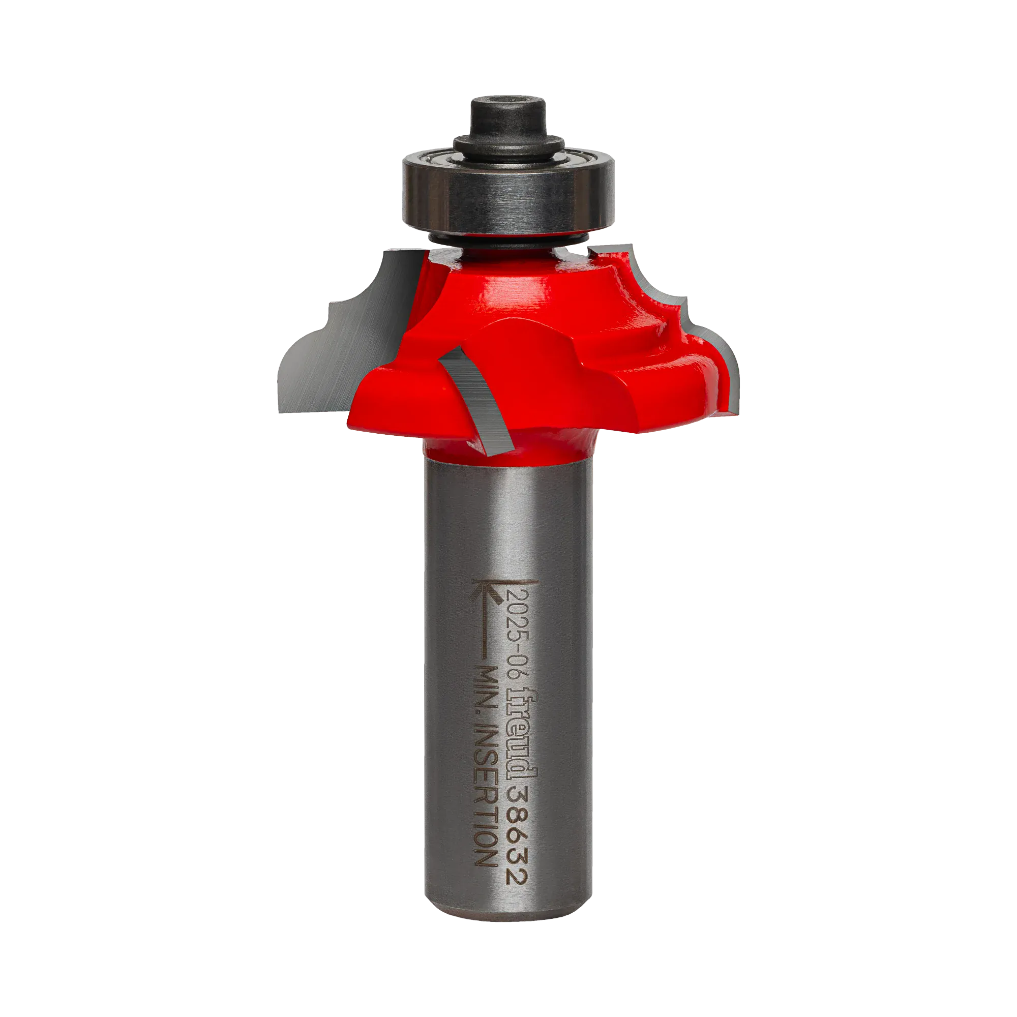Studio shot of the Freud 38-632 Cove and Bead router bit featuring a red Perma-SHIELD body, two carbide cutters, 1/2 inch silver shank, and top ball bearing guide.