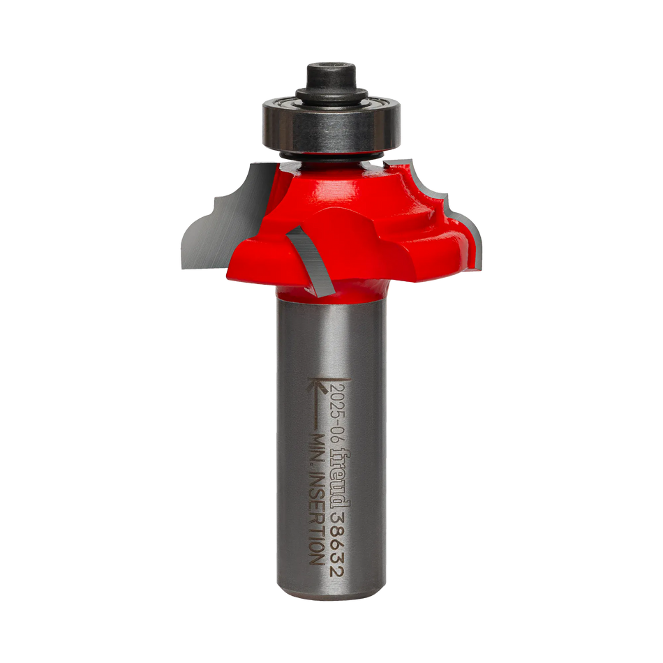 Studio shot of the Freud 38-632 Cove and Bead router bit featuring a red Perma-SHIELD body, two carbide cutters, 1/2 inch silver shank, and top ball bearing guide.