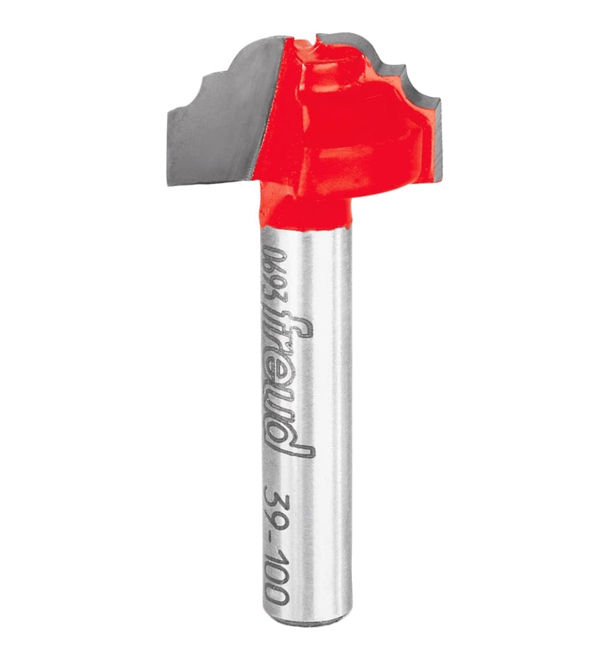 Studio shot of the Freud 39-100 Cove and Bead Groove router bit featuring a red Perma-SHIELD body, two carbide cutters, and 1/4 inch silver shank.