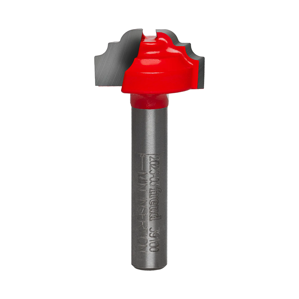 Studio shot of the Freud 39-100 Cove and Bead Groove router bit featuring a red Perma-SHIELD body, two carbide cutters, and 1/4 inch silver shank.
