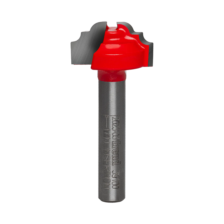 Studio shot of the Freud 39-100 Cove and Bead Groove router bit featuring a red Perma-SHIELD body, two carbide cutters, and 1/4 inch silver shank.