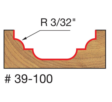 Technical profile diagram illustrating the Cove and Bead groove shape cut into a wood surface by the Freud 39-100 bit, specifying a 3/32 inch radius.