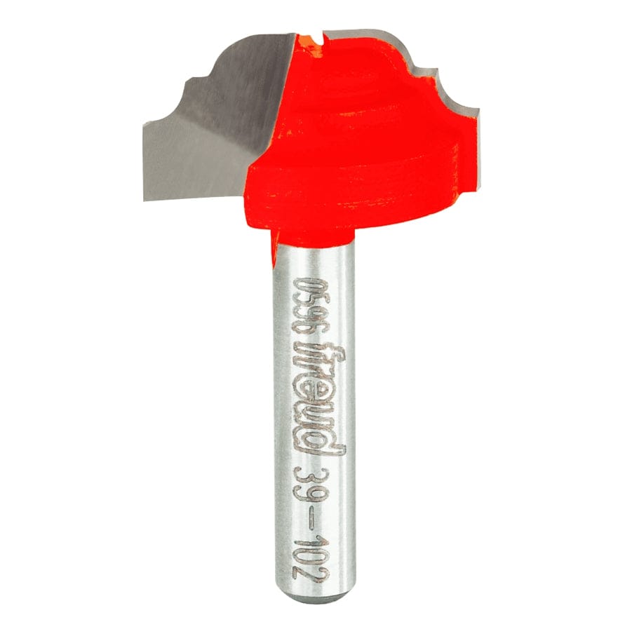 Studio shot of the Freud 39-102 Cove and Bead Groove router bit featuring a red Perma-SHIELD body, two carbide cutters, and 1/4 inch silver shank.