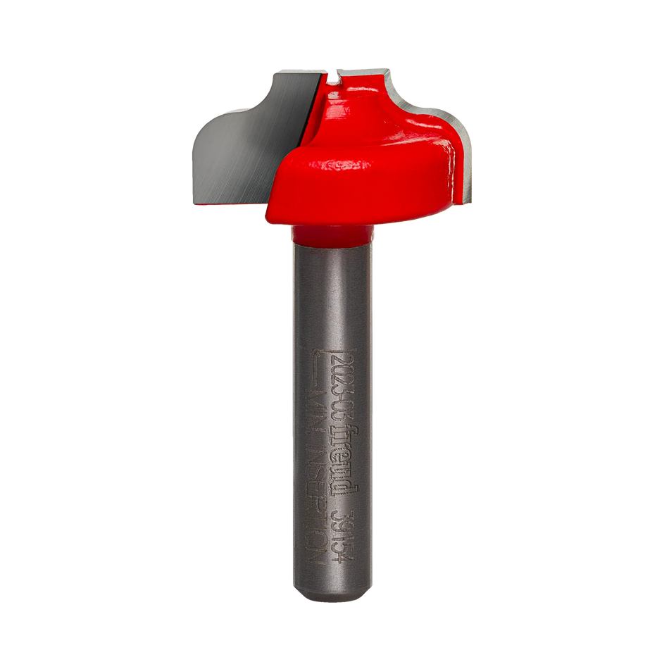A studio product photograph of the Freud 39-154 Ogee Groove router bit featuring a red Perma-SHIELD body and specialized carbide cutters on a 1/4 inch silver shank.