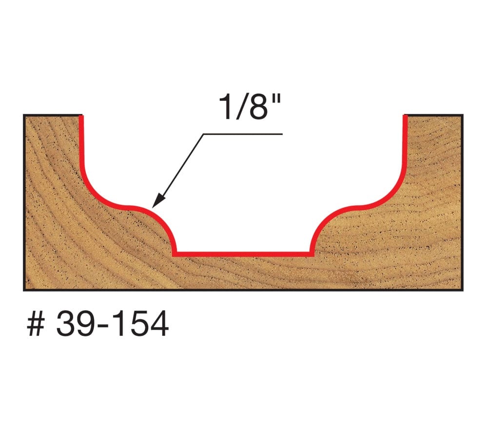 A technical profile diagram for the Freud 39-154 bit illustrating a decorative ogee groove cut into wood, specifying a 1/8 inch radius for the curved profile.