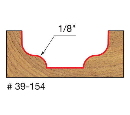 A technical profile diagram for the Freud 39-154 bit illustrating a decorative ogee groove cut into wood, specifying a 1/8 inch radius for the curved profile.
