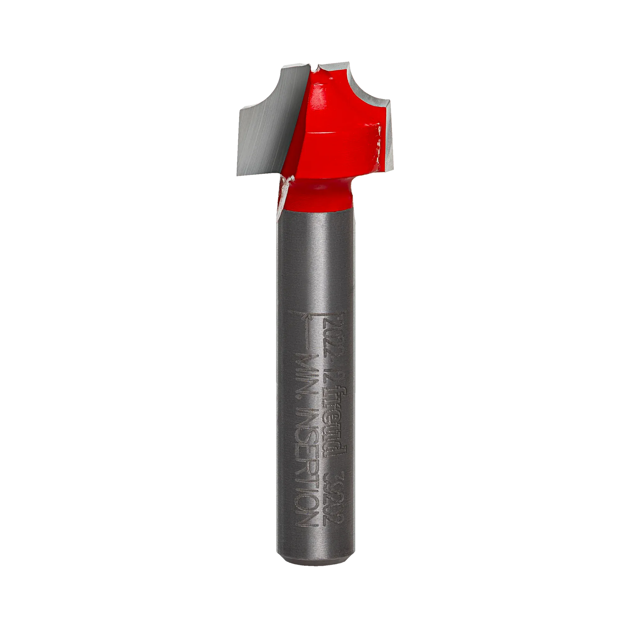 Studio shot of the Freud 39-202 Ovolo Groove router bit featuring a red Perma-SHIELD body, two carbide cutters, and 1/4 inch silver shank.