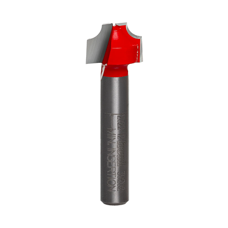 Studio shot of the Freud 39-202 Ovolo Groove router bit featuring a red Perma-SHIELD body, two carbide cutters, and 1/4 inch silver shank.