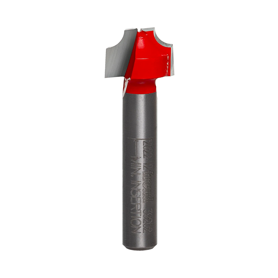 Studio shot of the Freud 39-202 Ovolo Groove router bit featuring a red Perma-SHIELD body, two carbide cutters, and 1/4 inch silver shank.