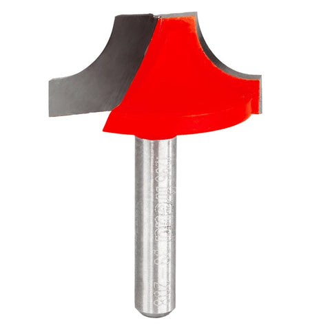 Studio shot of the Freud 39-208 Ovolo Groove router bit featuring a red Perma-SHIELD body, two carbide cutters, and 1/4 inch silver shank.