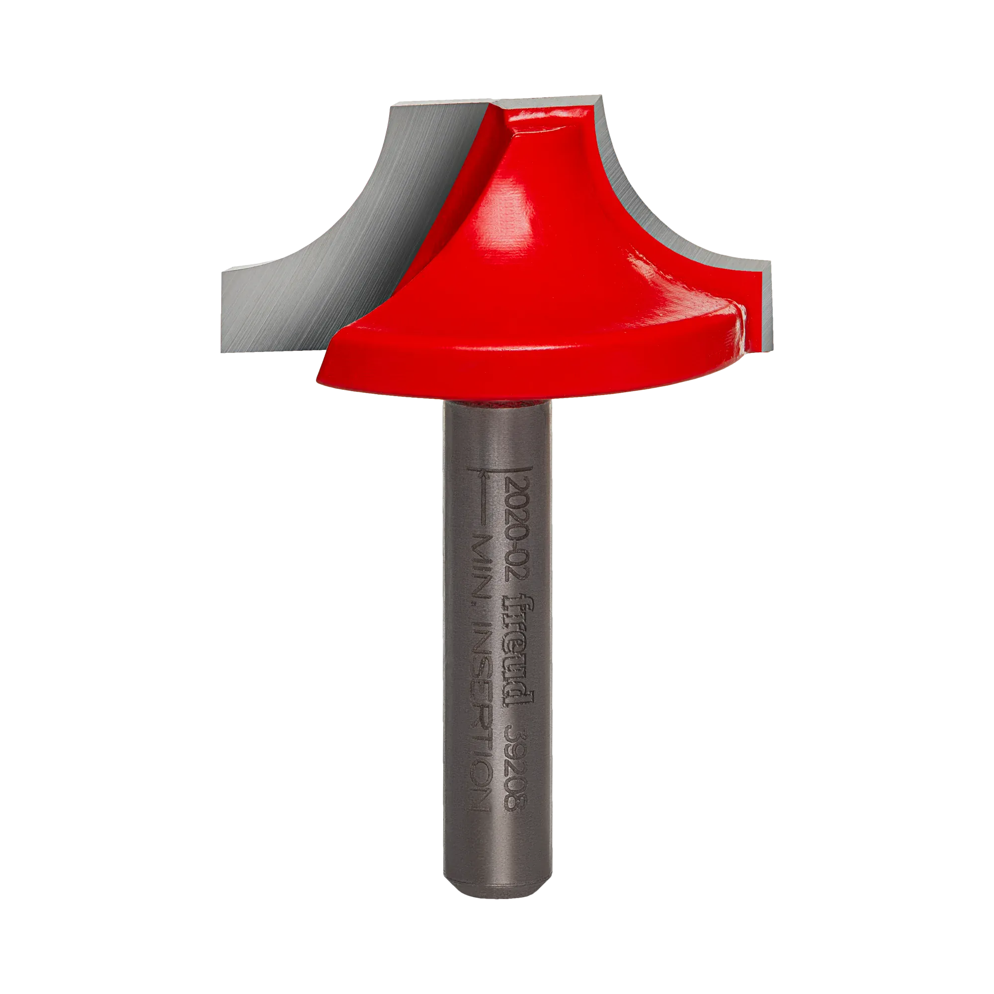 Studio shot of the Freud 39-208 Ovolo Groove router bit featuring a red Perma-SHIELD body, two carbide cutters, and 1/4 inch silver shank.