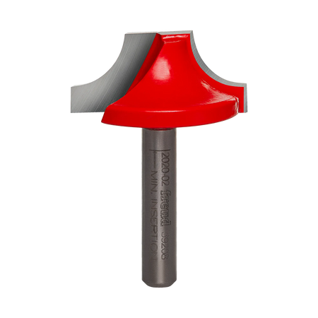 Studio shot of the Freud 39-208 Ovolo Groove router bit featuring a red Perma-SHIELD body, two carbide cutters, and 1/4 inch silver shank.
