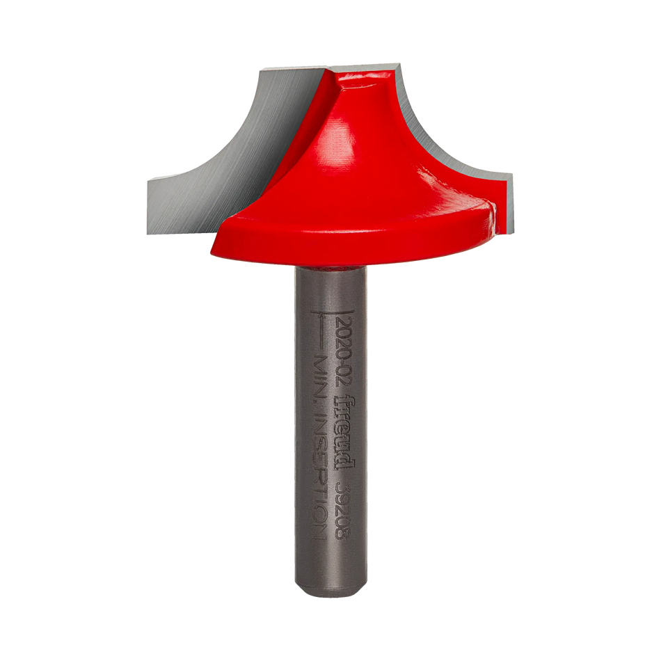Studio shot of the Freud 39-208 Ovolo Groove router bit featuring a red Perma-SHIELD body, two carbide cutters, and 1/4 inch silver shank.