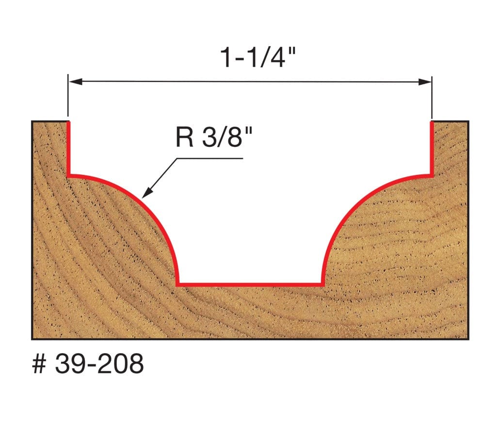 Technical profile diagram illustrating the Ovolo groove shape cut into a wood surface by the Freud 39-208 bit, specifying a 3/8 inch radius and 1-1/4 inch width.