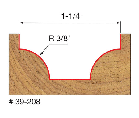 Technical profile diagram illustrating the Ovolo groove shape cut into a wood surface by the Freud 39-208 bit, specifying a 3/8 inch radius and 1-1/4 inch width.