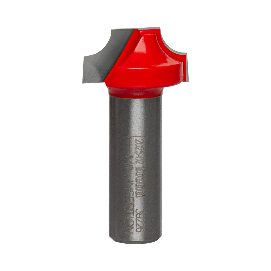 A studio product photograph of the Freud 39-226 Ovolo Groove router bit featuring a red Perma-SHIELD body and specialized carbide cutters on a 1/2 inch silver shank.