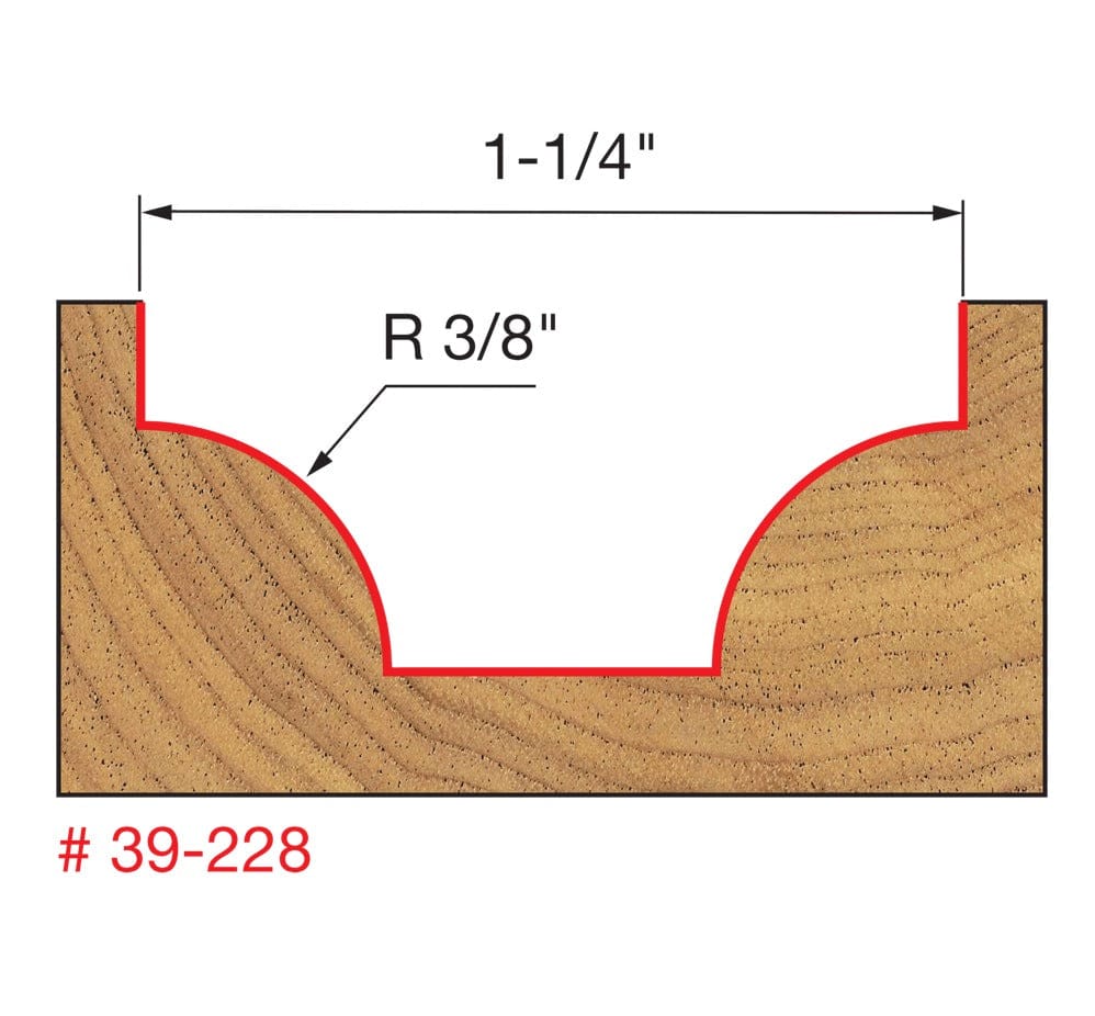 Technical profile diagram illustrating the 1-1/4 inch wide flat-bottomed ovolo groove with 3/8 inch radius curved sides cut by the Freud 39-228 bit.