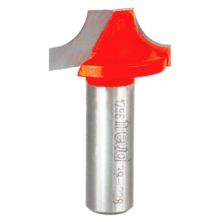 Studio shot of the Freud 39-228 Ovolo Groove router bit featuring a red Perma-SHIELD body, large carbide cutters for plunging, and a 1/2 inch silver shank.
