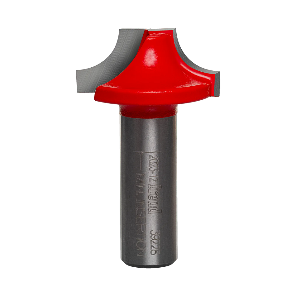 Studio shot of the Freud 39-228 Ovolo Groove router bit featuring a red Perma-SHIELD body, large carbide cutters for plunging, and a 1/2 inch silver shank.