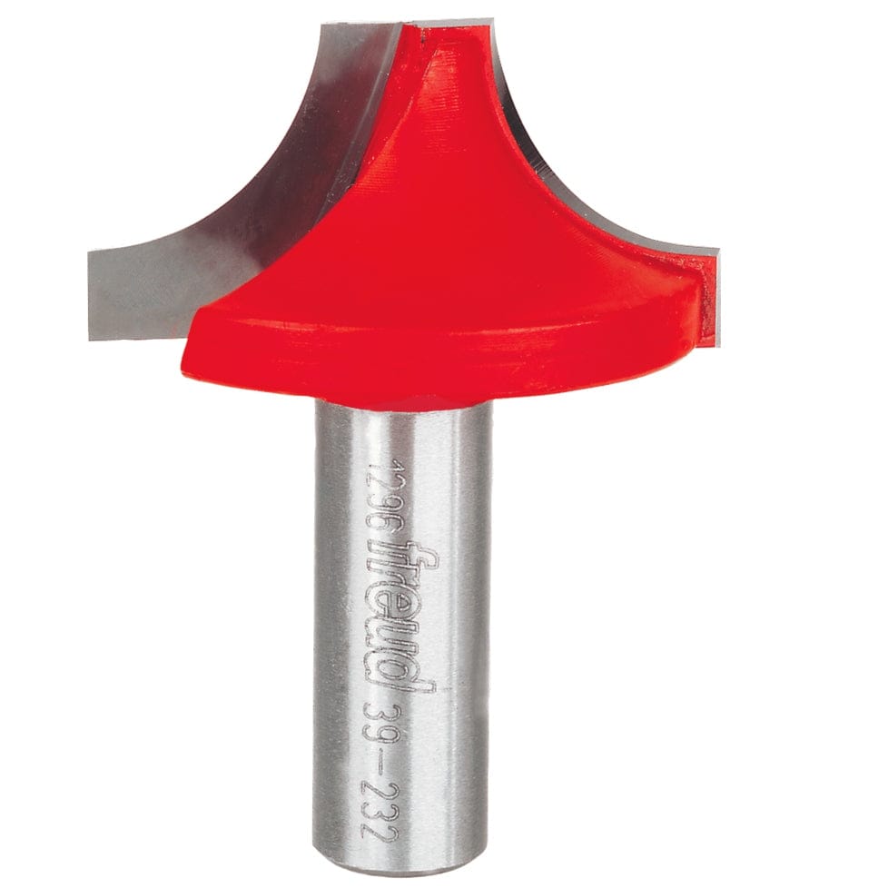 Studio shot of the Freud 39-232 Ovolo Groove router bit featuring a red Perma-SHIELD body, large carbide cutters, and 1/2 inch silver shank.