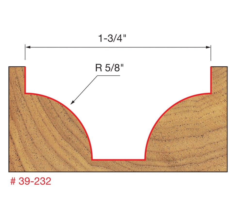 Technical profile diagram illustrating the Ovolo Groove shape cut into a wood surface by the Freud 39-232 bit, specifying a 5/8 inch radius and 1-3/4 inch overall width.
