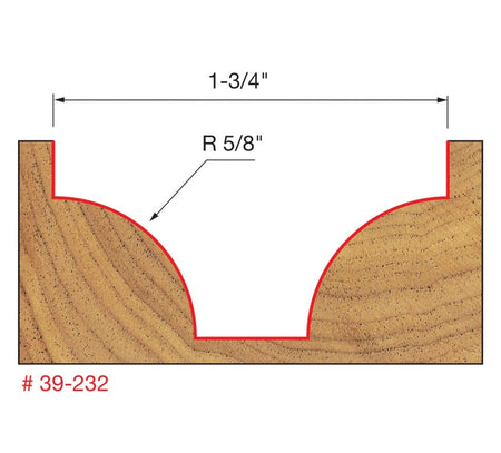 Technical profile diagram illustrating the Ovolo Groove shape cut into a wood surface by the Freud 39-232 bit, specifying a 5/8 inch radius and 1-3/4 inch overall width.