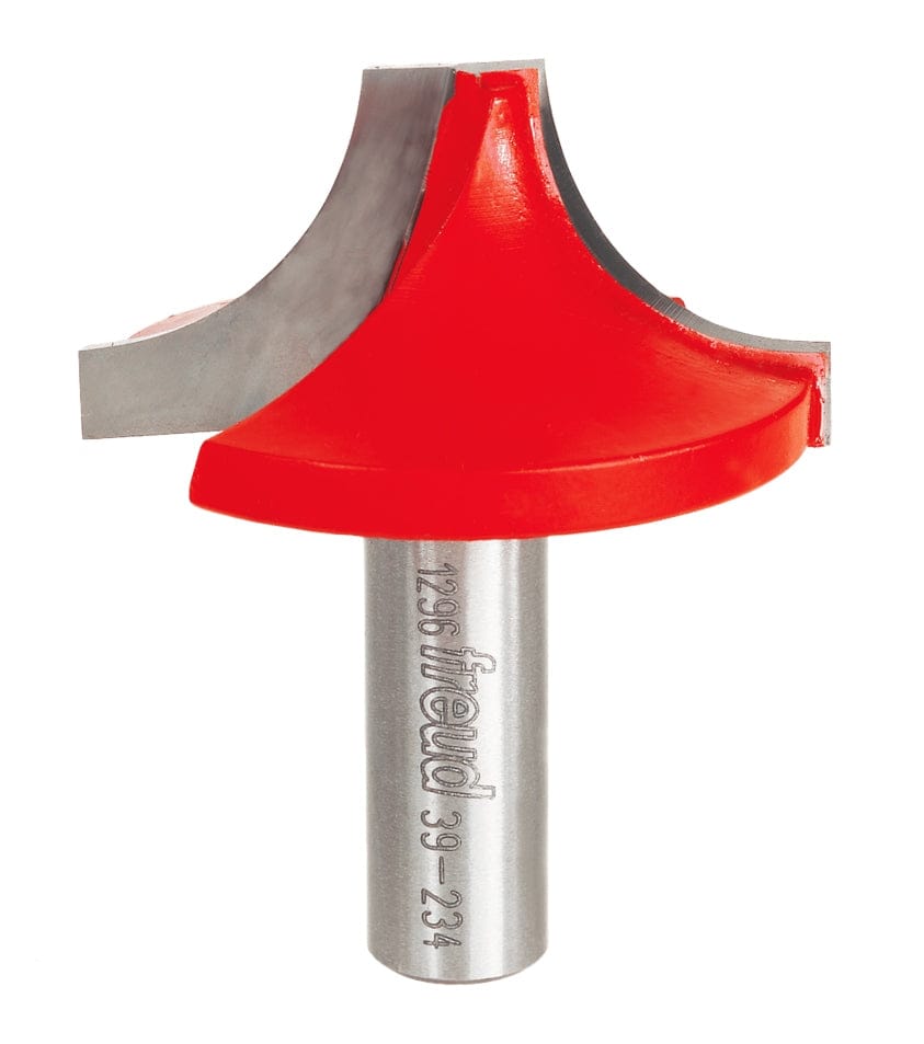 Studio shot of the Freud 39-234 Ovolo Groove router bit featuring a red Perma-SHIELD body, two carbide cutters, and 1/2 inch silver shank.