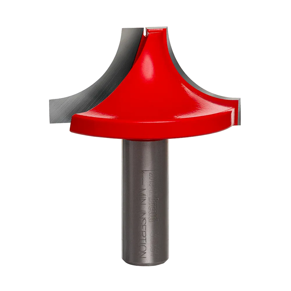 Studio shot of the Freud 39-234 Ovolo Groove router bit featuring a red Perma-SHIELD body, two carbide cutters, and 1/2 inch silver shank.