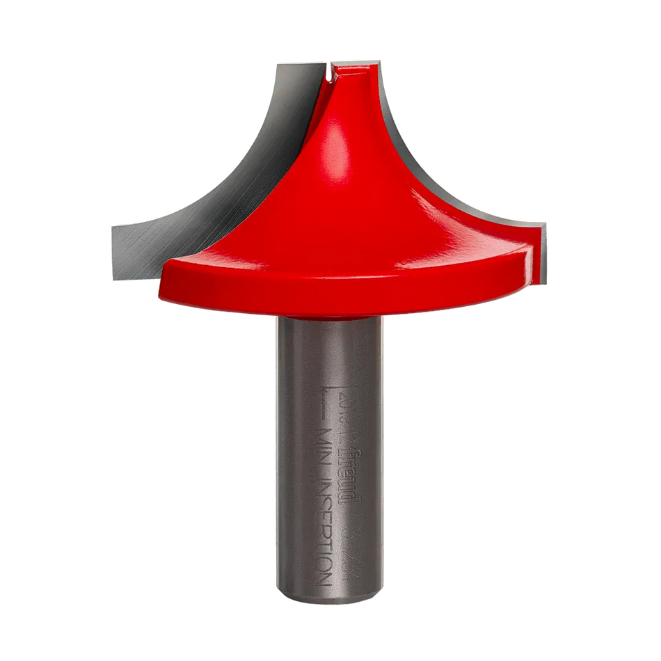 Studio shot of the Freud 39-234 Ovolo Groove router bit featuring a red Perma-SHIELD body, two carbide cutters, and 1/2 inch silver shank.