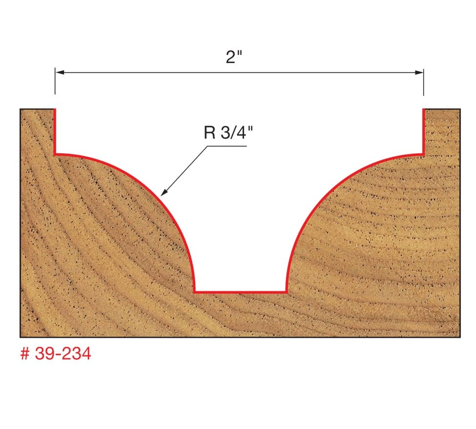 Technical profile diagram illustrating the large Ovolo groove shape cut into a wood surface by the Freud 39-234 bit, specifying a 3/4 inch radius and 2 inch width.