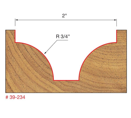 Technical profile diagram illustrating the large Ovolo groove shape cut into a wood surface by the Freud 39-234 bit, specifying a 3/4 inch radius and 2 inch width.
