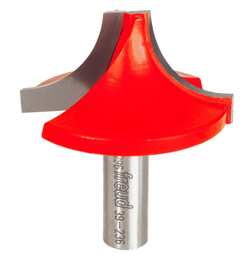 Studio shot of the Freud 39-236 Ovolo Groove router bit featuring a red Perma-SHIELD body, large carbide cutters for plunging, and a 1/2 inch silver shank.