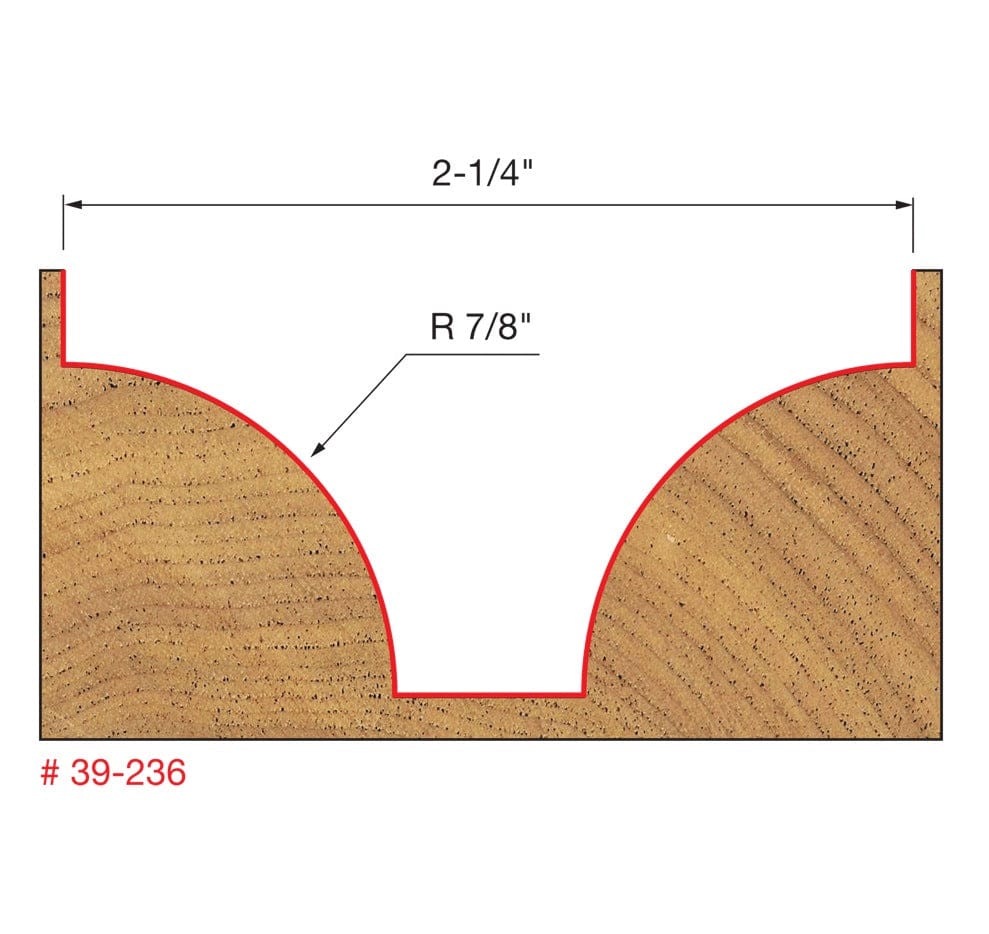 Technical profile diagram illustrating the 2-1/4 inch wide ovolo groove cut into wood by the Freud 39-236 bit, specifying a 7/8 inch radius curve on the sides.