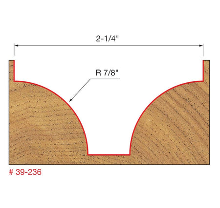 Technical profile diagram illustrating the 2-1/4 inch wide ovolo groove cut into wood by the Freud 39-236 bit, specifying a 7/8 inch radius curve on the sides.