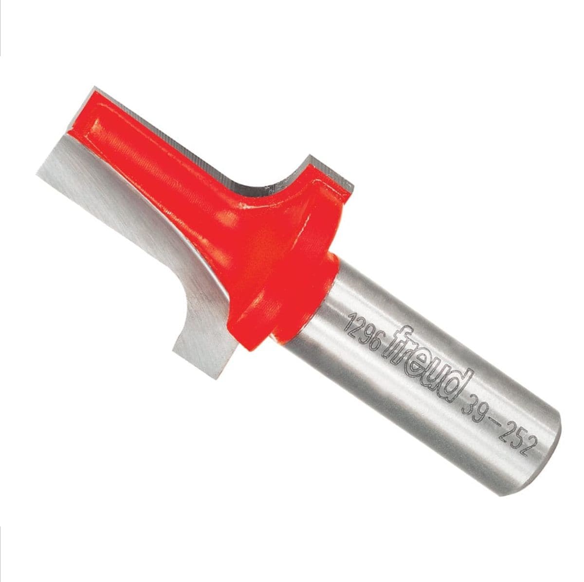 A studio product photograph of the Freud 39-252 Ovolo Groove router bit featuring a red Perma-SHIELD body and specialized carbide cutters on a 1/2 inch silver shank.
