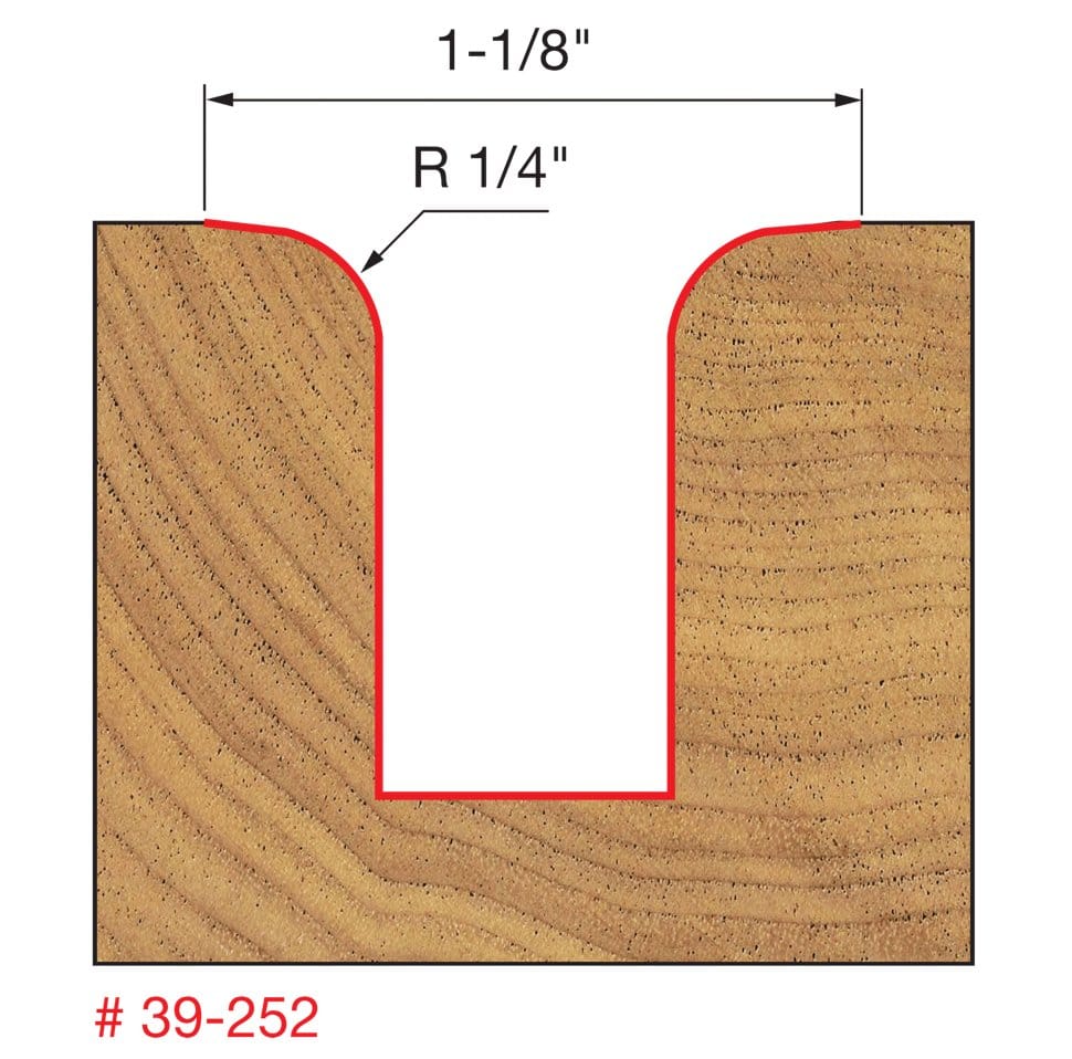 A technical profile diagram for the Freud 39-252 bit illustrating a decorative ovolo groove cut into wood, specifying a 1-1/8 inch width and a 1/4 inch radius.