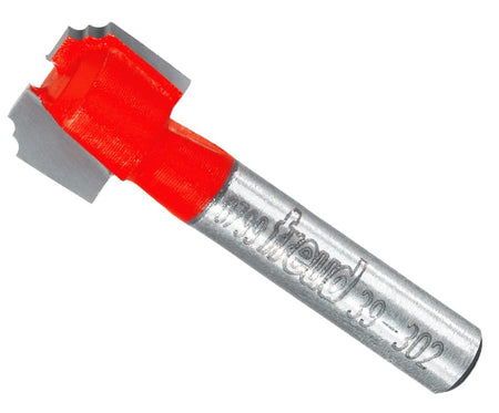 Studio shot of the Freud 39-302 Classical Beading Groove router bit featuring a red Perma-SHIELD body, carbide cutters, and 1/4 inch silver shank with laser etched text.