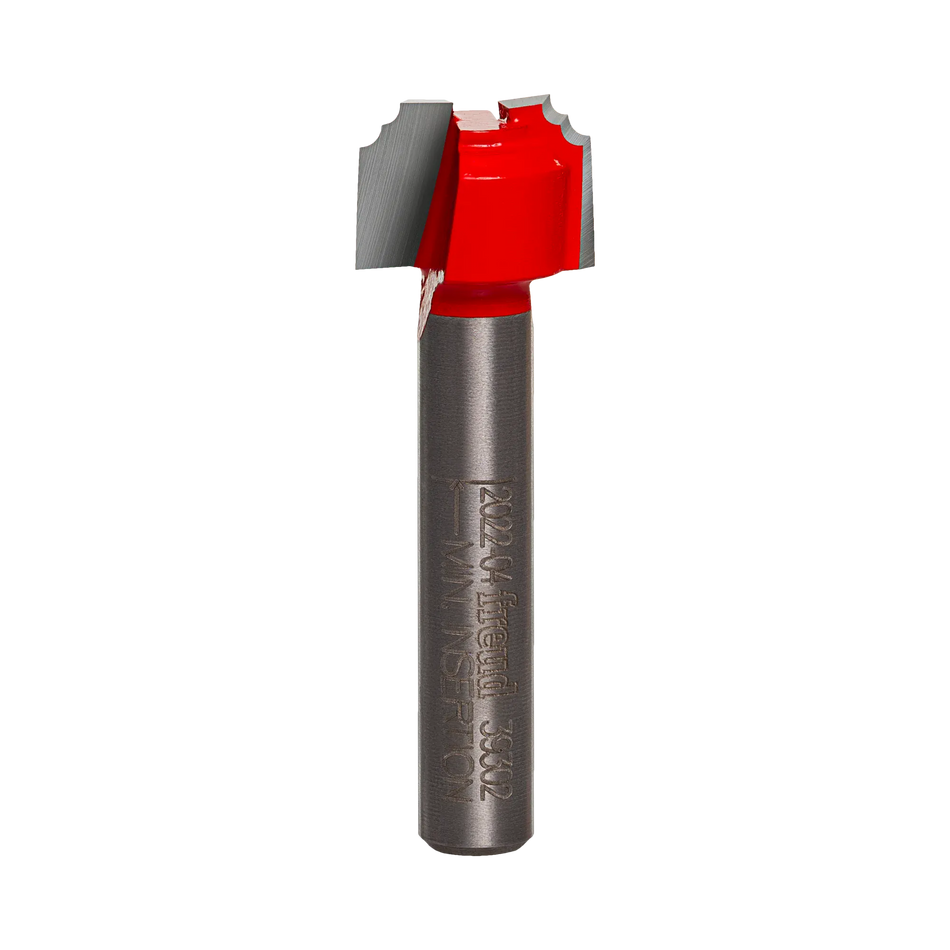 Studio shot of the Freud 39-302 Classical Beading Groove router bit featuring a red Perma-SHIELD body, carbide cutters, and 1/4 inch silver shank with laser etched text.