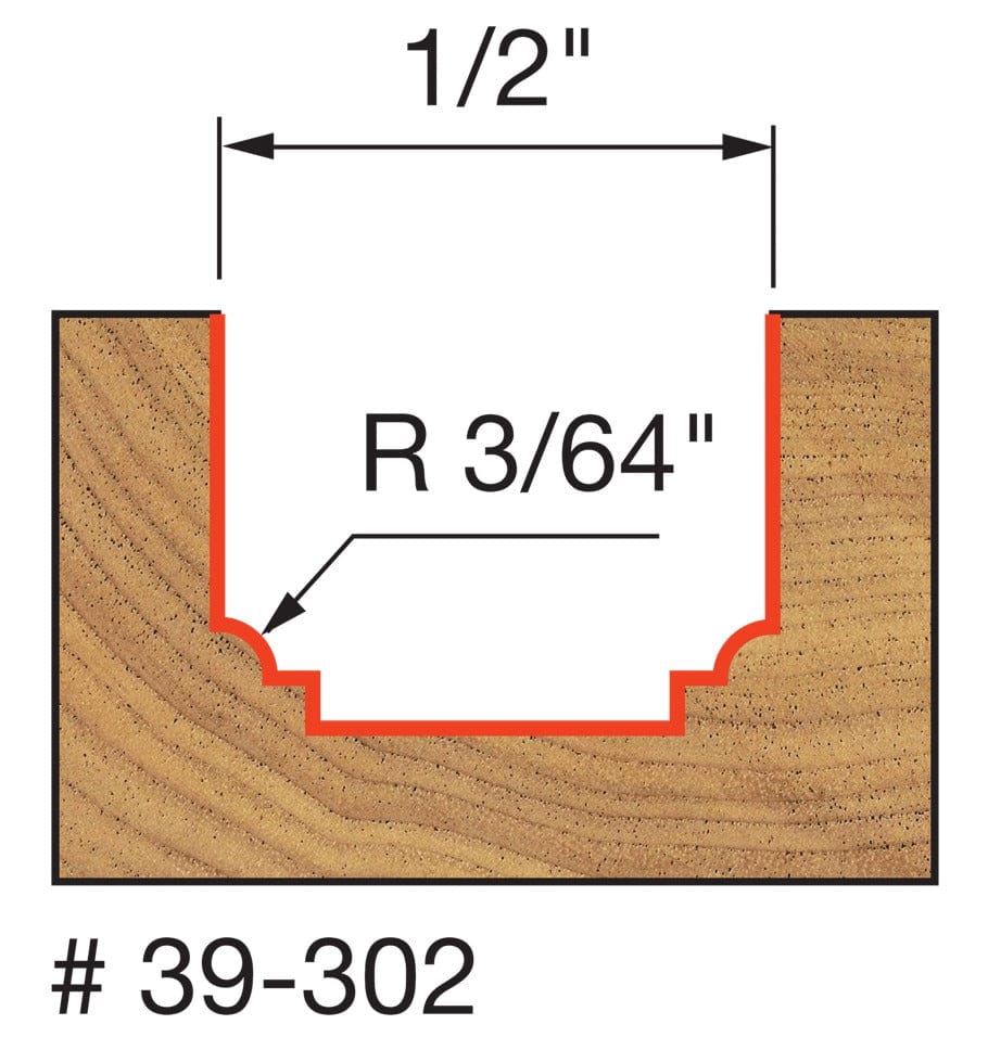 Technical profile diagram illustrating the Classical Beading Groove shape cut into a wood surface by the Freud 39-302 bit, specifying a 3/64 inch radius and 1/2 inch overall diameter.