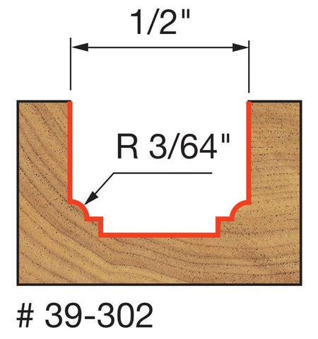 Technical profile diagram illustrating the Classical Beading Groove shape cut into a wood surface by the Freud 39-302 bit, specifying a 3/64 inch radius and 1/2 inch overall diameter.