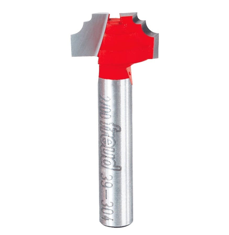 Studio shot of the Freud 39-304 Classical Beading Groove router bit featuring a red Perma-SHIELD body, two carbide cutters, and 1/4 inch silver shank.