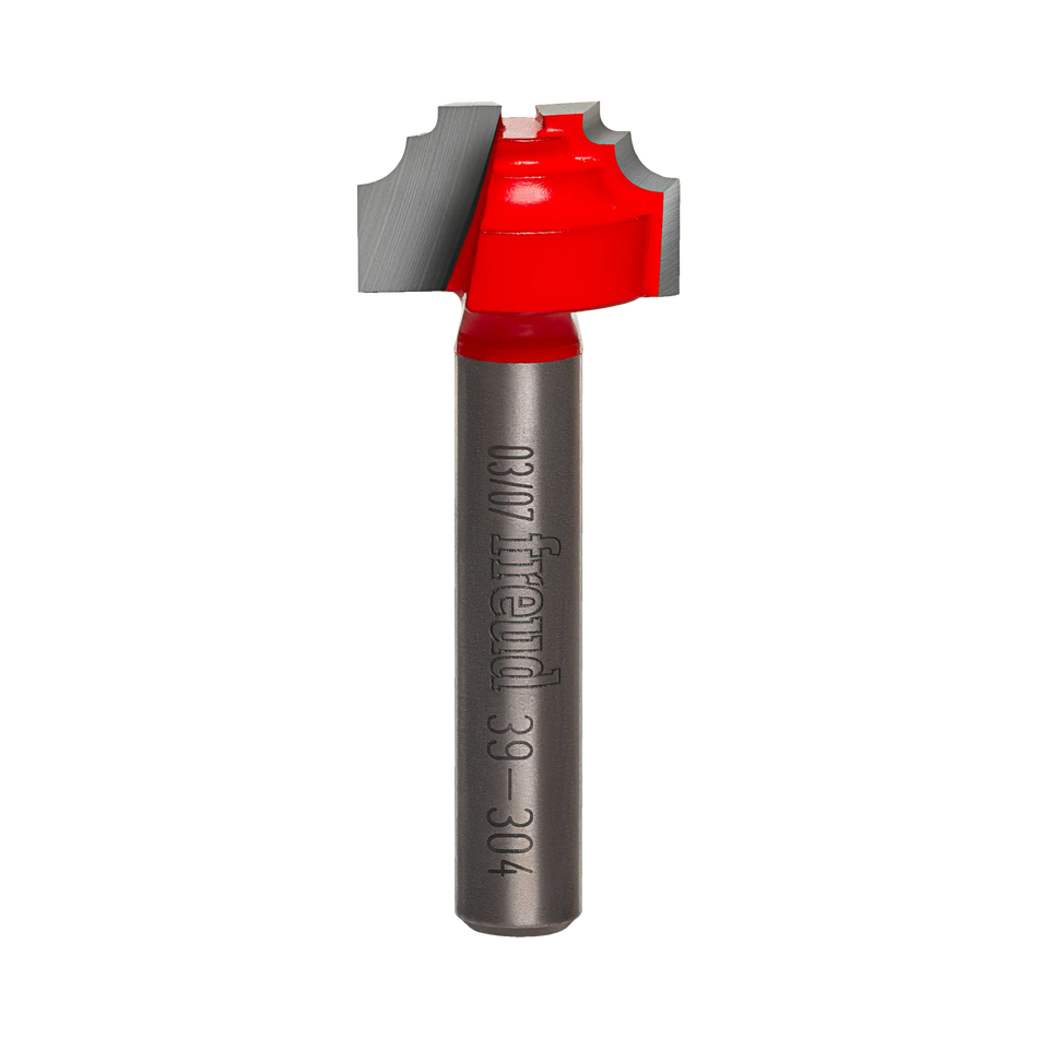 Studio shot of the Freud 39-304 Classical Beading Groove router bit featuring a red Perma-SHIELD body, two carbide cutters, and 1/4 inch silver shank.