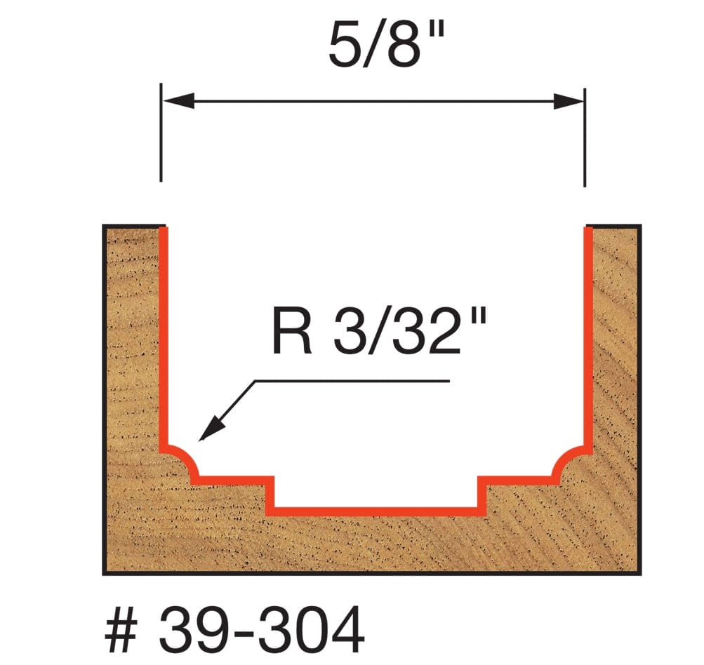 Technical profile diagram illustrating the Classical Beading Groove shape cut into a wood surface by the Freud 39-304 bit, specifying a 3/32 inch radius and 5/8 inch width.