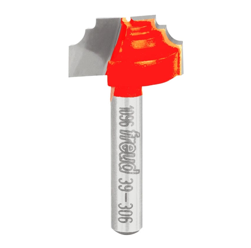 Studio shot of the Freud 39-306 Classical Beading Groove router bit featuring a red Perma-SHIELD body, two carbide cutters, and 1/4 inch silver shank.